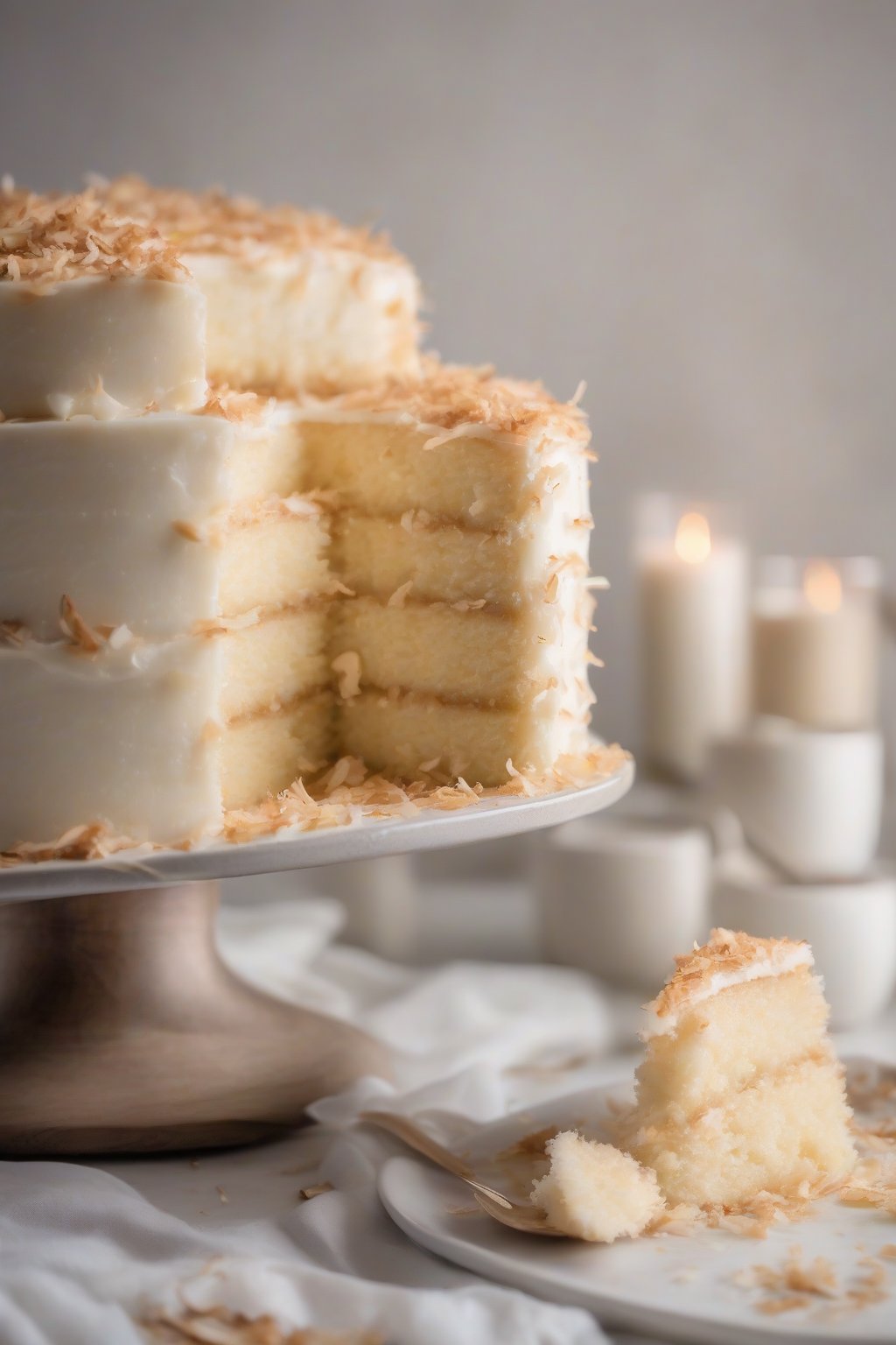 A high-resolution photo of coconut vanilla white cake layers with toasted coconut topping under soft lighting.