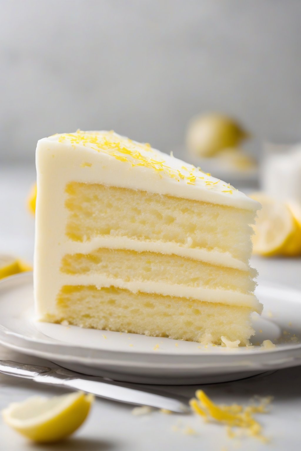 A high-resolution photo of lemon zest vanilla white cake slice revealing moist layers under soft lighting.