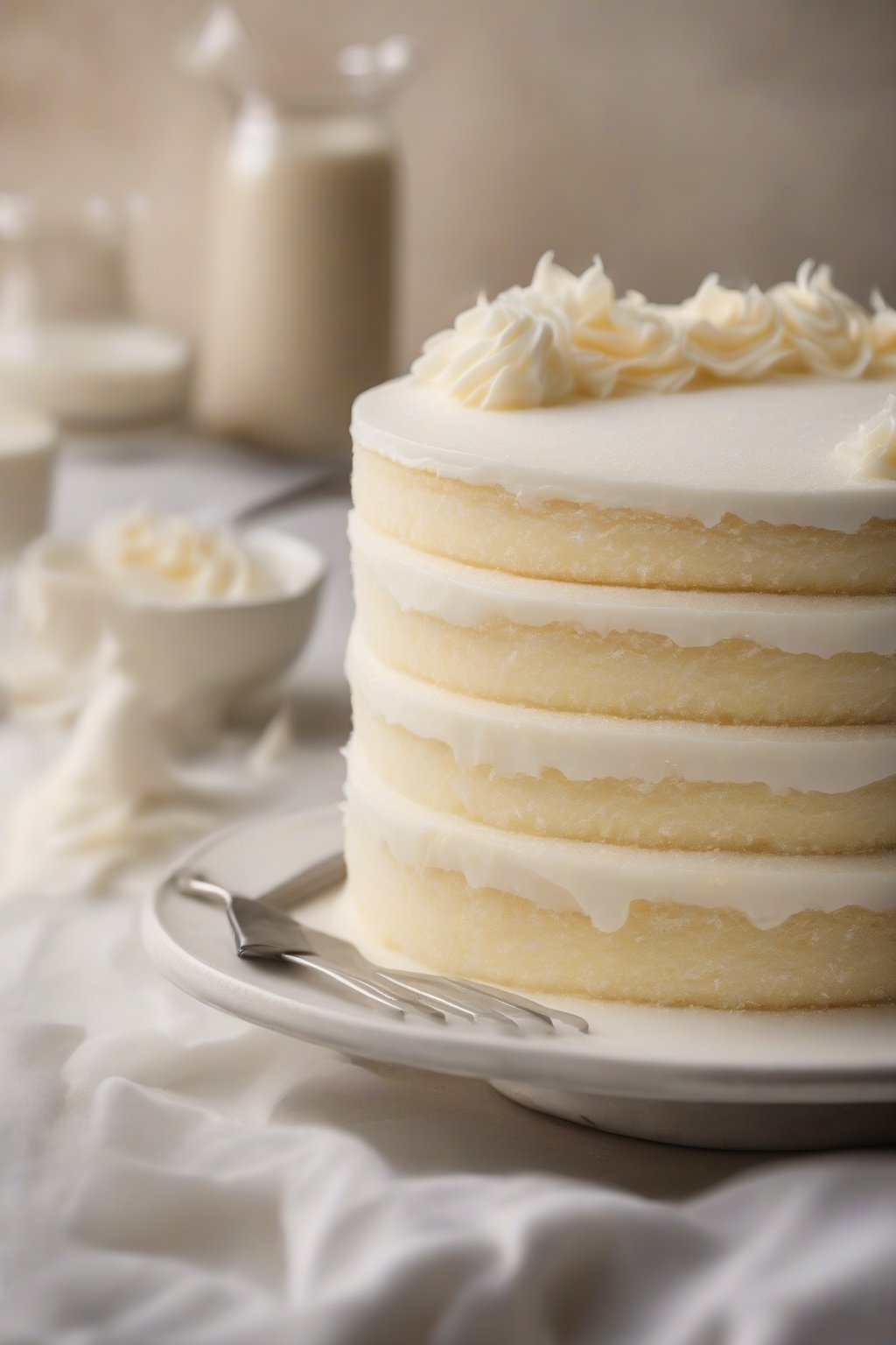 A high-resolution photo of buttermilk vanilla white cake layers frosted smoothly under soft lighting.