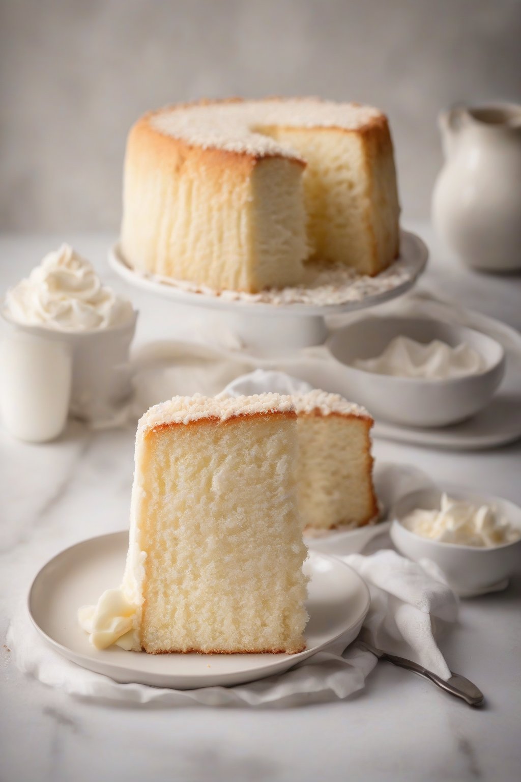 A high-resolution photo of sour cream vanilla white cake with a perfect crumb under soft lighting.