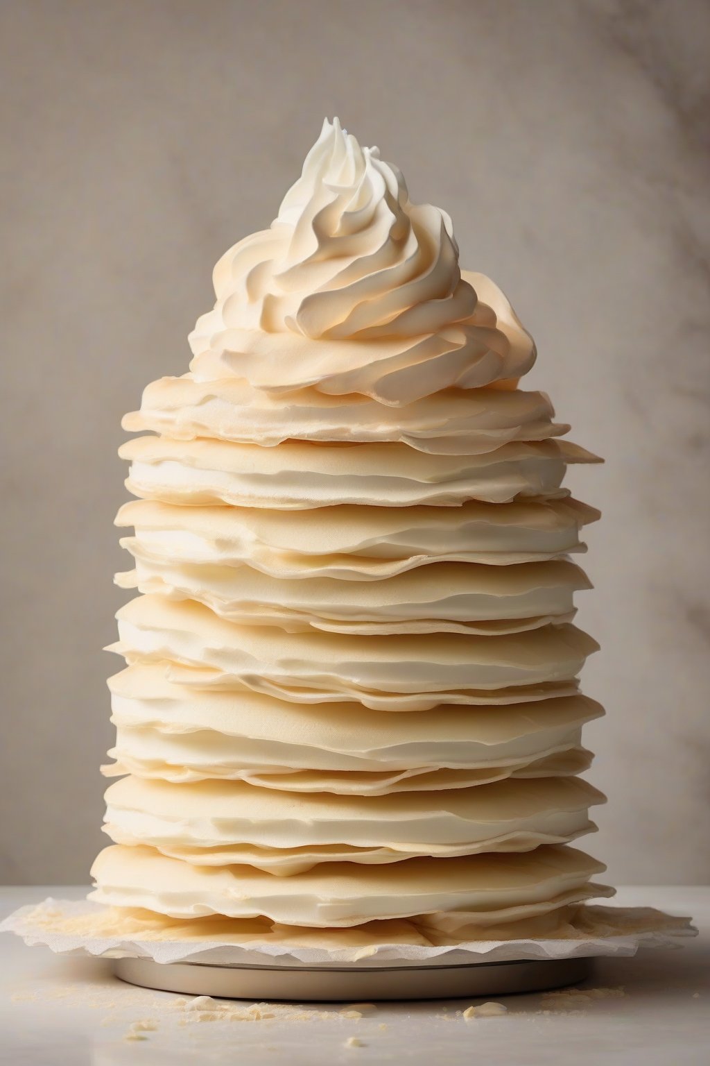 A high-resolution photo of meringue-light vanilla cake layers floating in a stack under soft lighting.