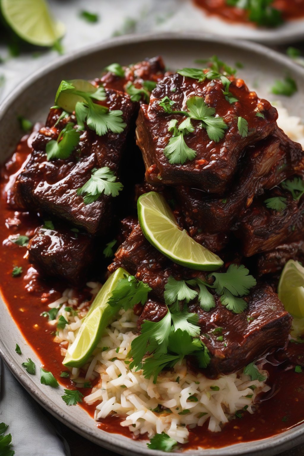 A high-resolution photo of spicy chipotle short ribs, topped with cilantro and lime wedges in a rich red sauce, under soft lighting.