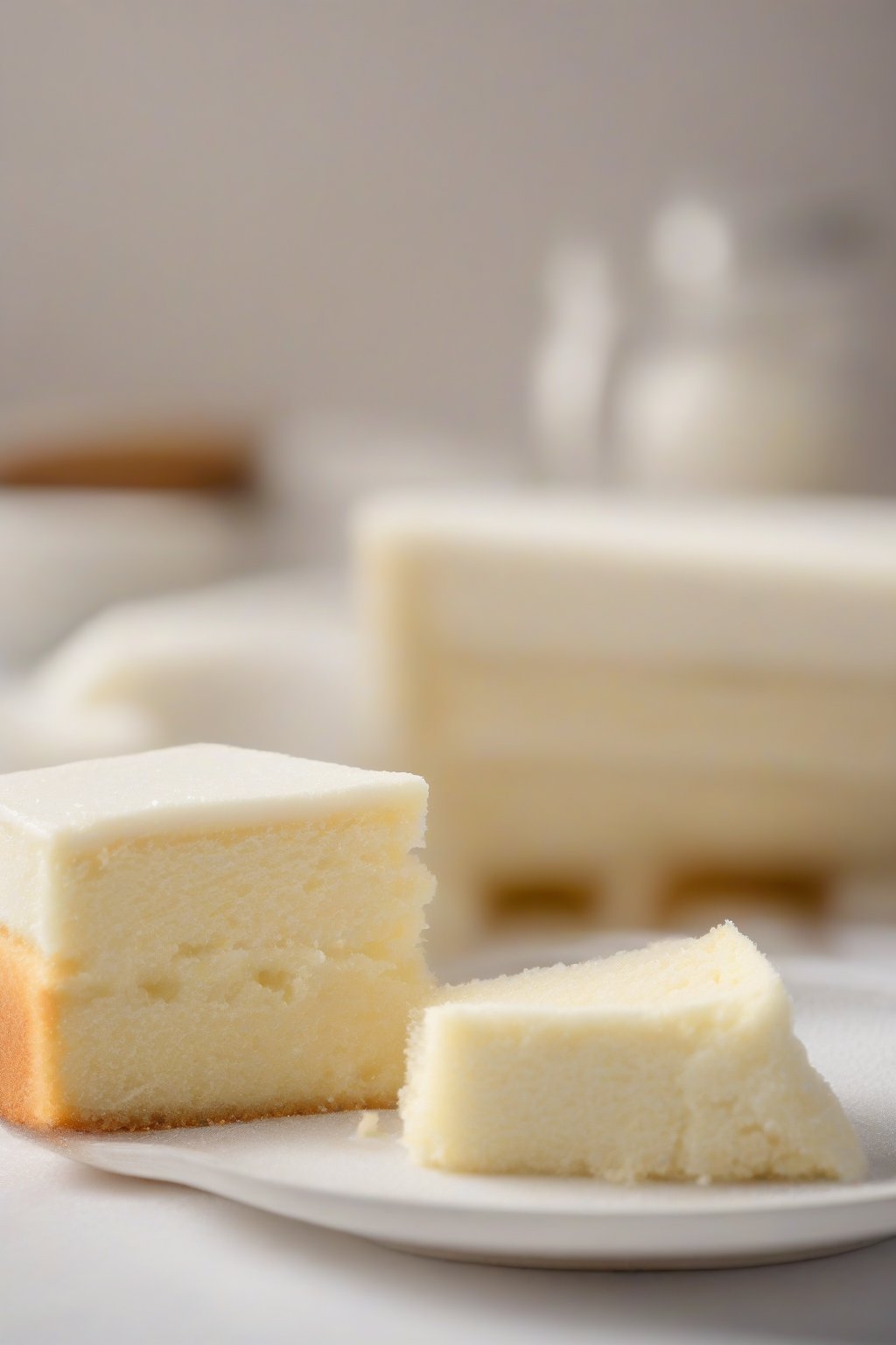 A high-resolution photo of oil-based vanilla white cake slice showing fluffy texture under soft lighting.