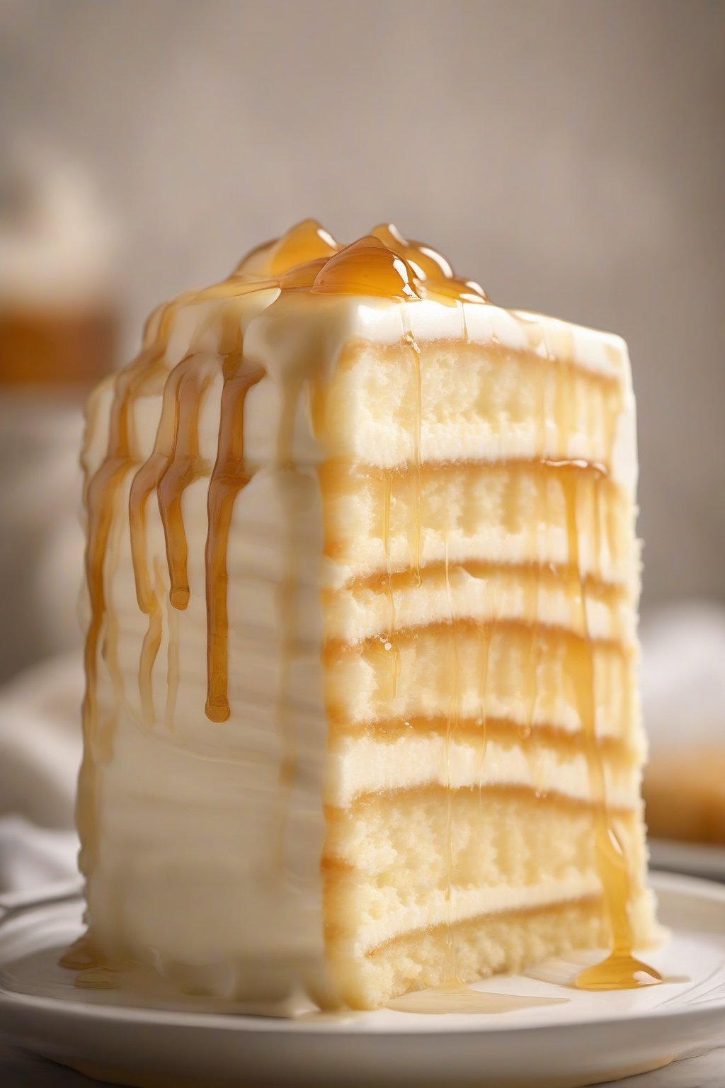 A high-resolution photo of honey vanilla white cake layers drizzled lightly under soft lighting.