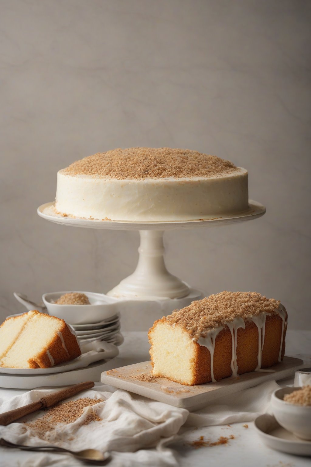 A high-resolution photo of cardamom vanilla white cake with spice-flecked crumb under soft lighting.