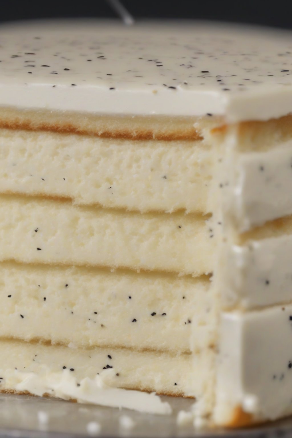 A high-resolution photo of vanilla bean white cake layers with visible black specks under soft lighting.