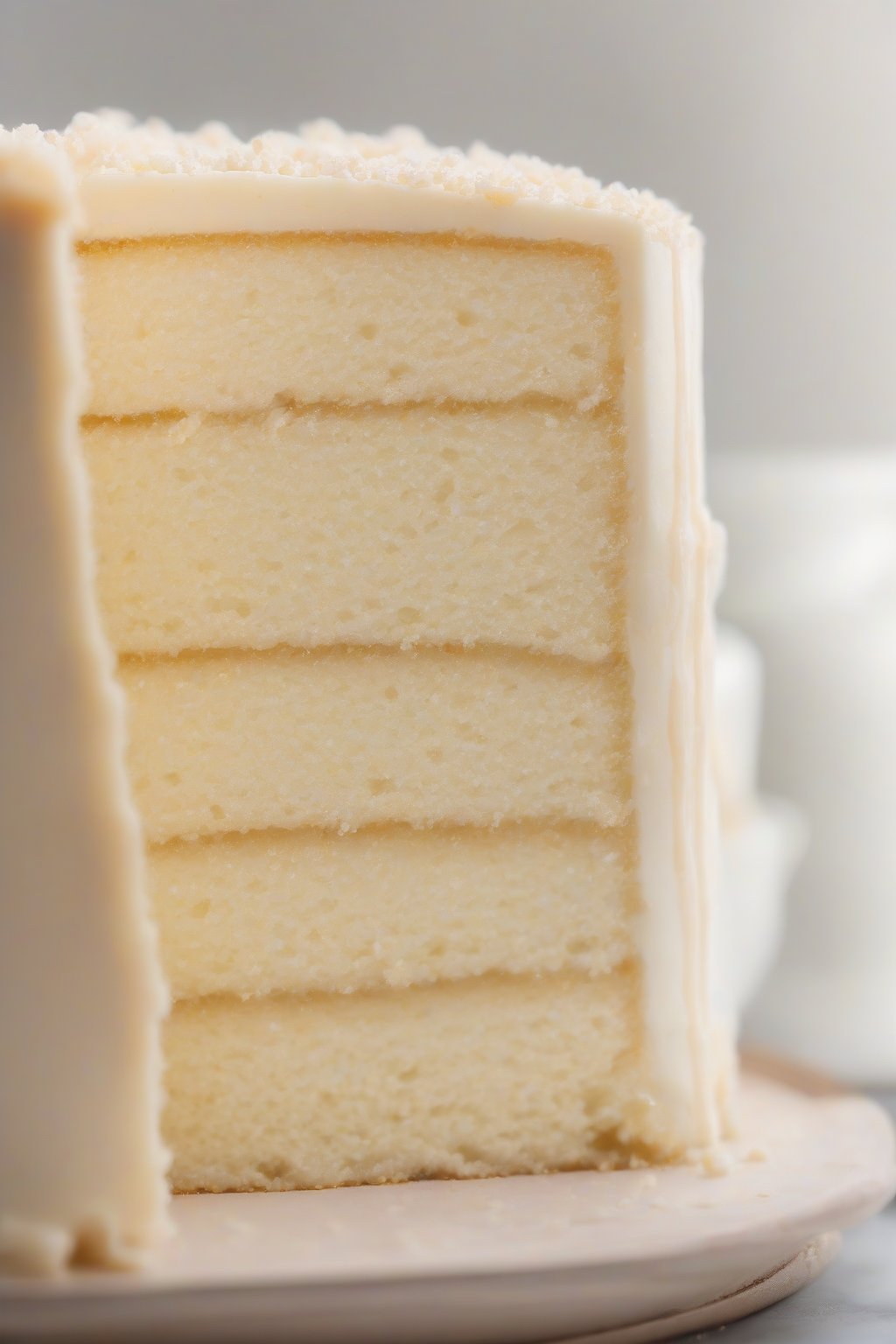 A high-resolution photo of yogurt vanilla white cake layers cut to show even crumb under soft lighting.