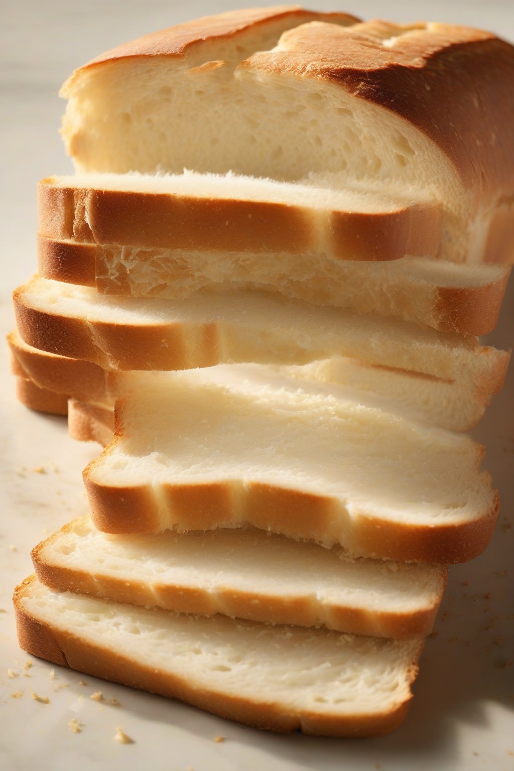 A high-resolution photo of a sliced classic white sandwich loaf with a soft golden crust under soft lighting.
