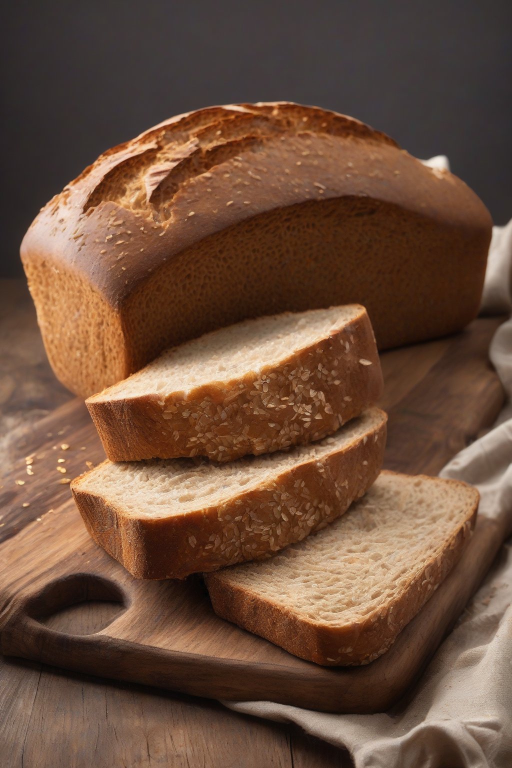 A high-resolution photo of a rustic whole wheat honey bread loaf on a wooden board under soft lighting.