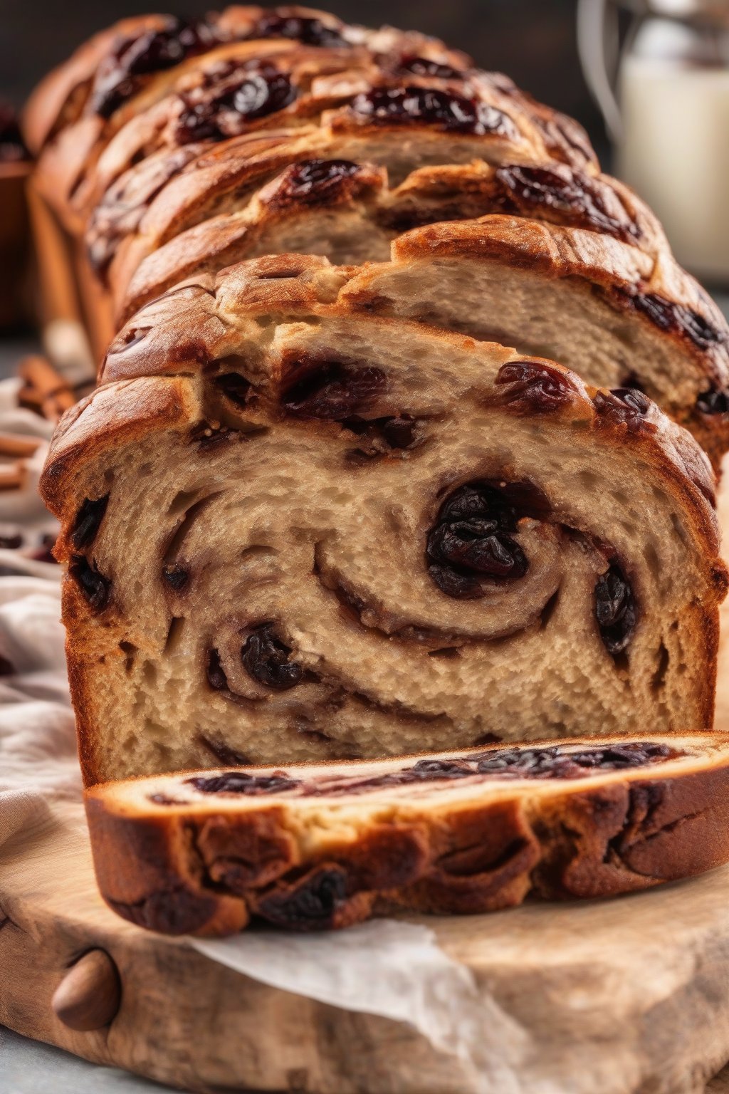 A high-resolution photo of a sliced cinnamon raisin swirl bread revealing fruity layers under soft lighting.
