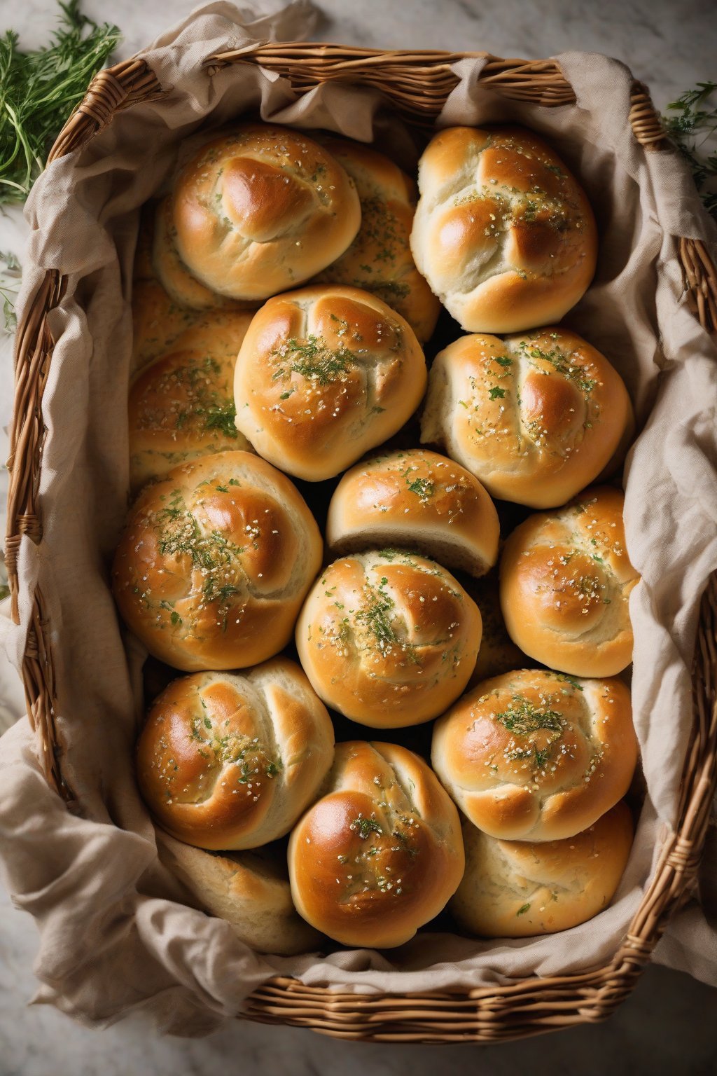 A high-resolution photo of golden garlic herb dinner rolls in a basket under soft lighting.