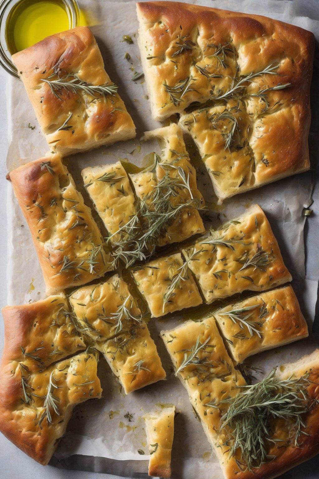 A high-resolution photo of olive oil focaccia with dimples and herbs under soft lighting.