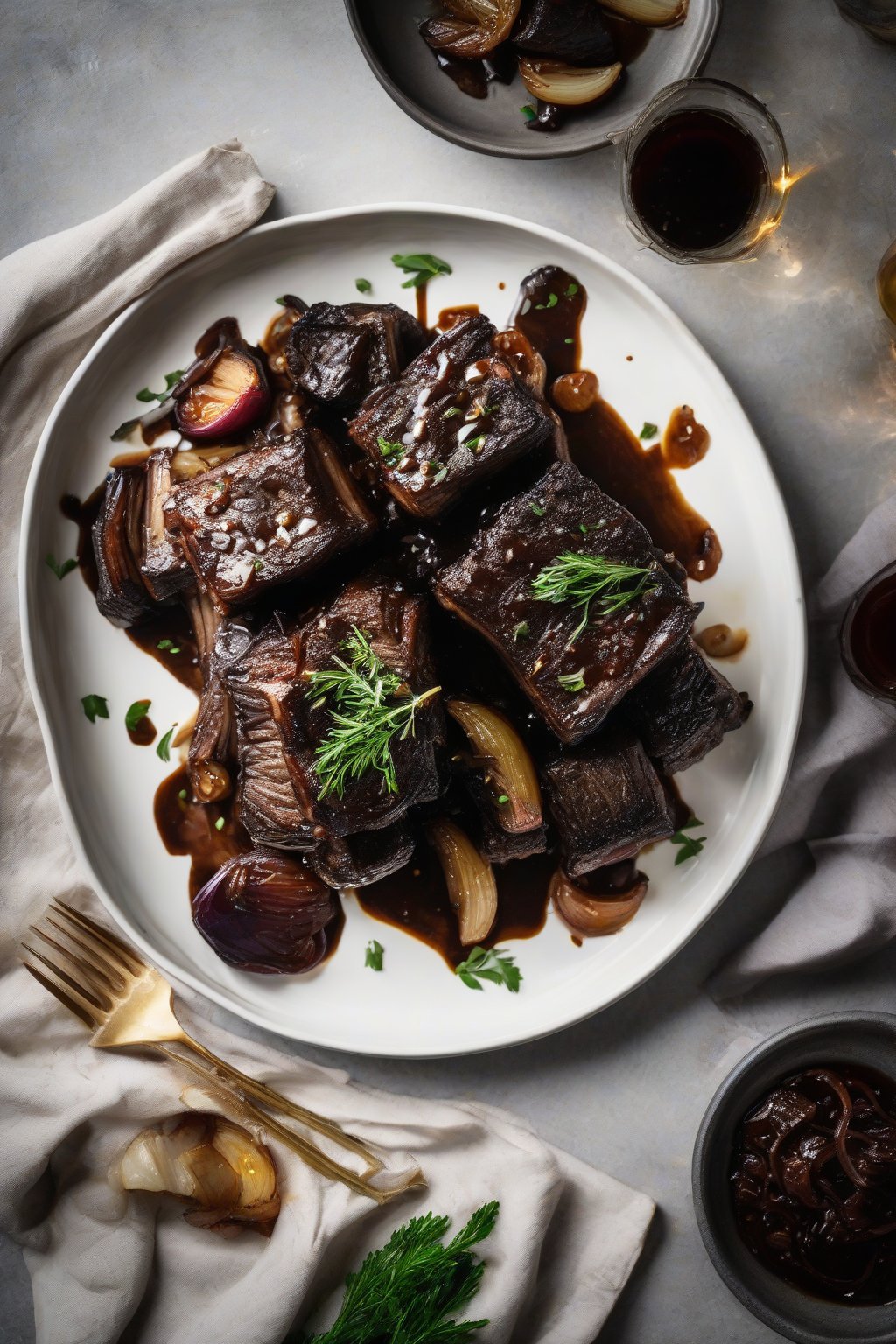 A high-resolution photo of balsamic glazed short ribs, shiny with dark glaze and roasted onions, under soft lighting.