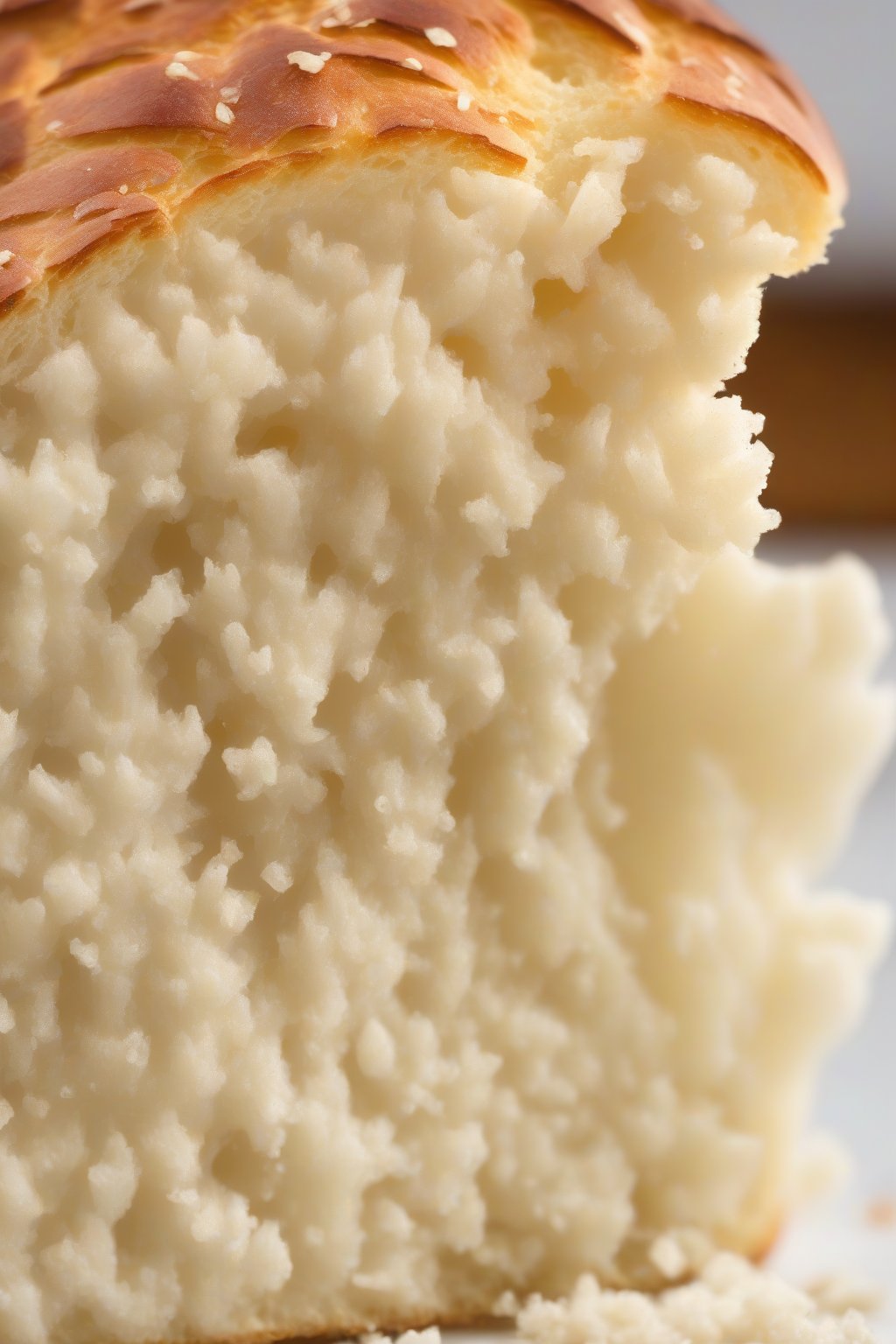 A high-resolution photo of a fluffy potato yeast bread slice showing airy crumb under soft lighting.