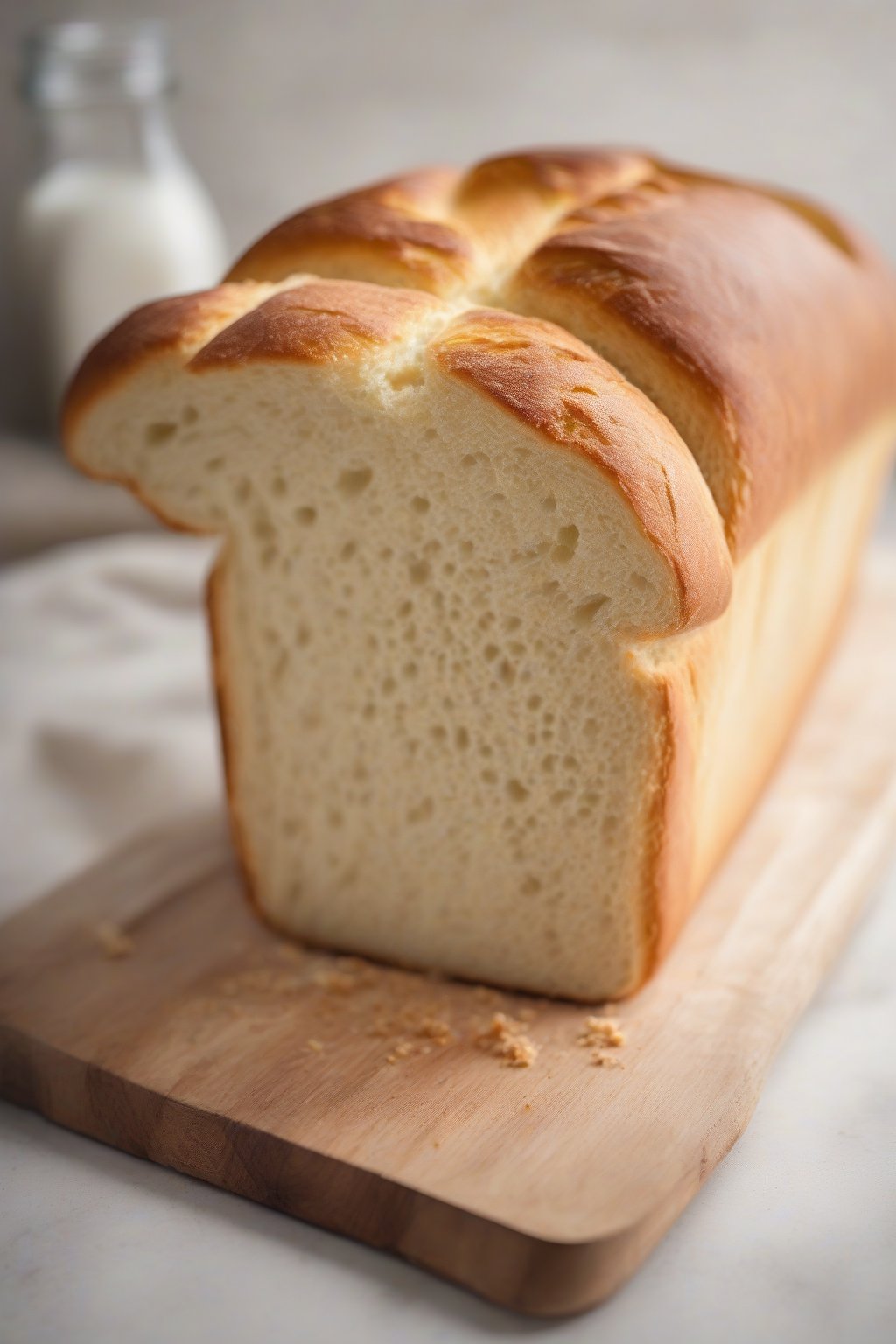 A high-resolution photo of tall milk bread loaf with fine, even crumb under soft lighting.