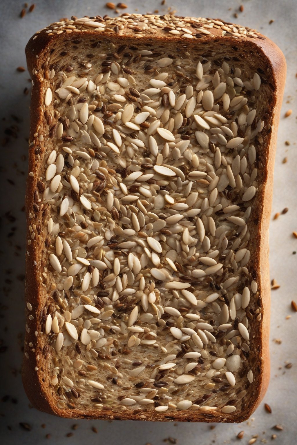 A high-resolution photo of a seeded multigrain loaf dusted with seeds under soft lighting.