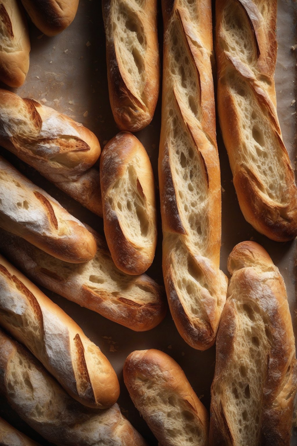 A high-resolution photo of crusty baguettes with scoring marks under soft lighting.
