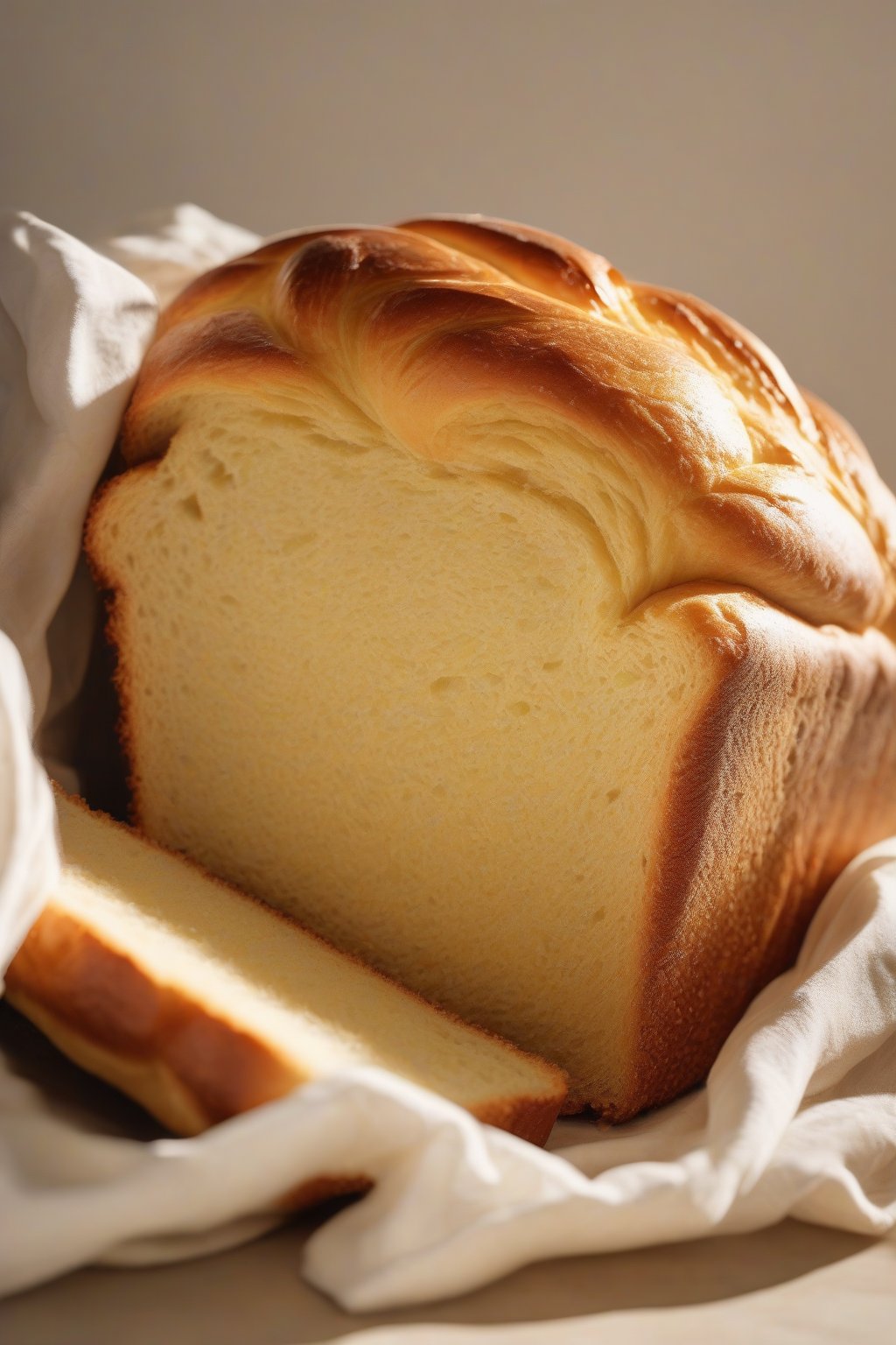 A high-resolution photo of a golden brioche-style loaf with shiny top under soft lighting.