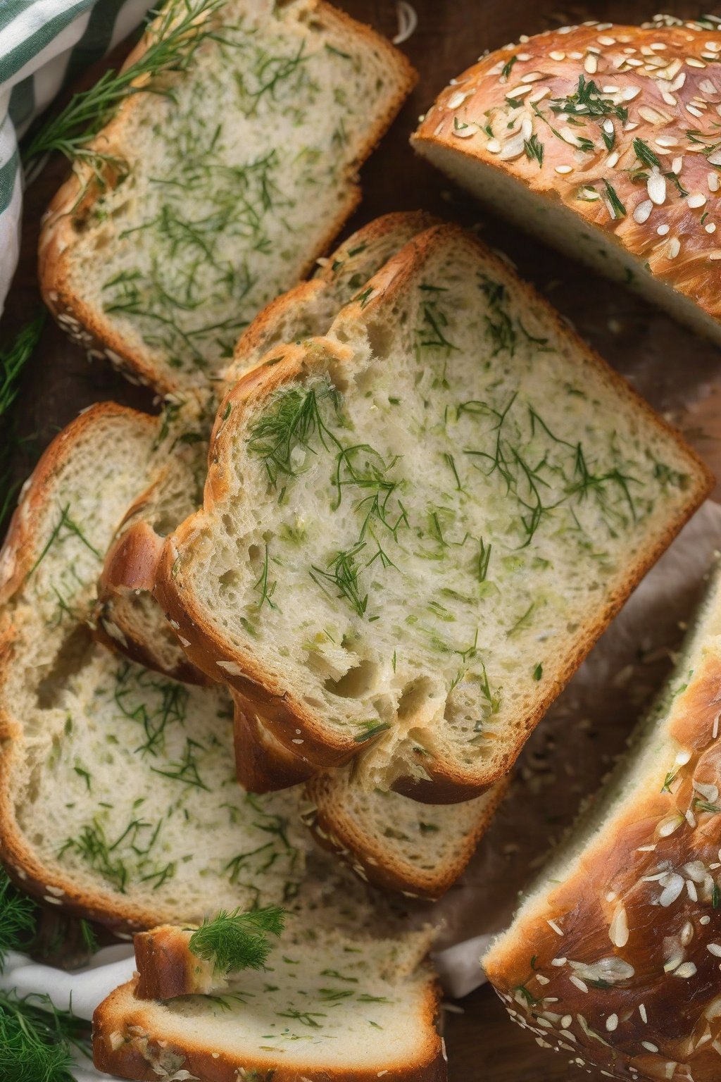 A high-resolution photo of sliced onion dill bread with green flecks under soft lighting.