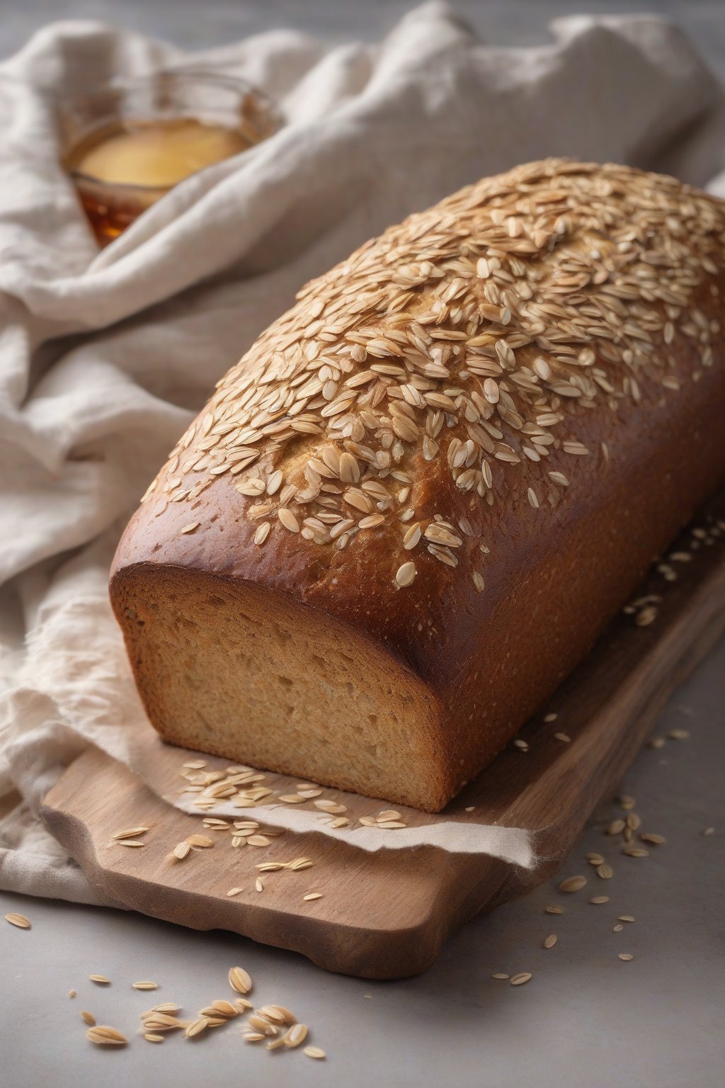 A high-resolution photo of a honey oat bread loaf topped with oats under soft lighting.