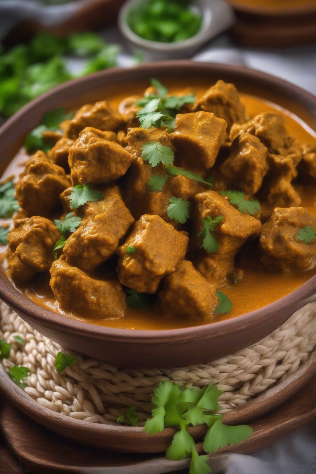A close-up photo of steaming soya chunks masala curry garnished with cilantro, served in a clay bowl under soft lighting.