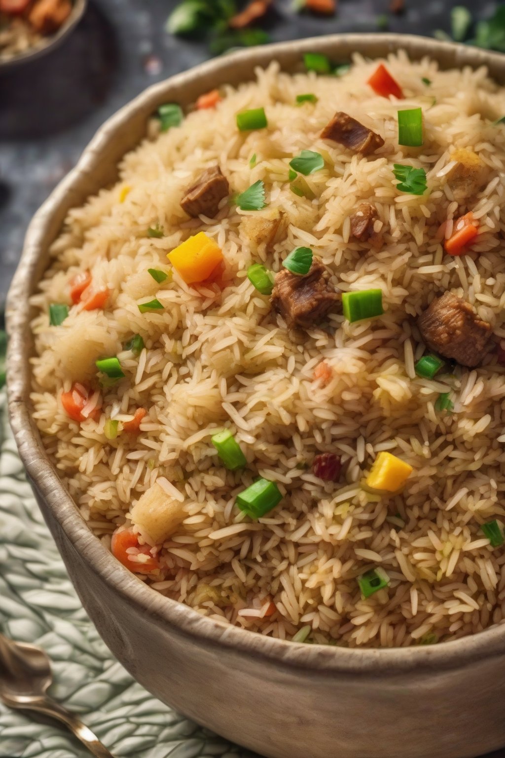A close-up photo of colorful soya pulao with chunks visible in fluffy rice, steam rising, under soft lighting.
