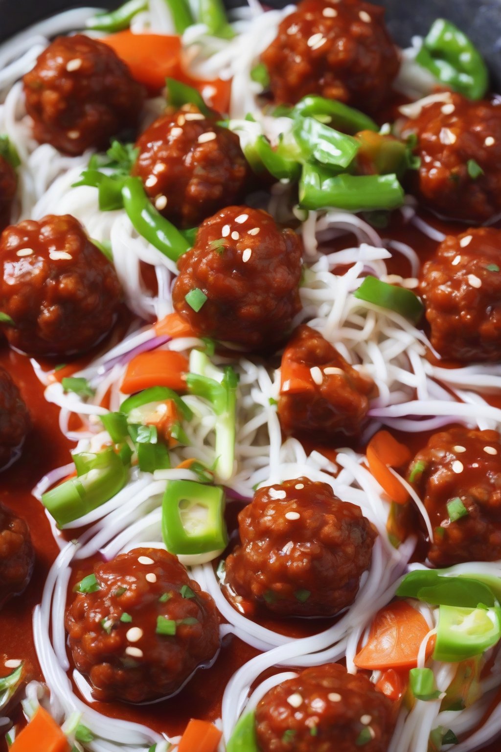 A close-up photo of crispy soya manchurian balls in glossy red sauce with veggies, under soft lighting.