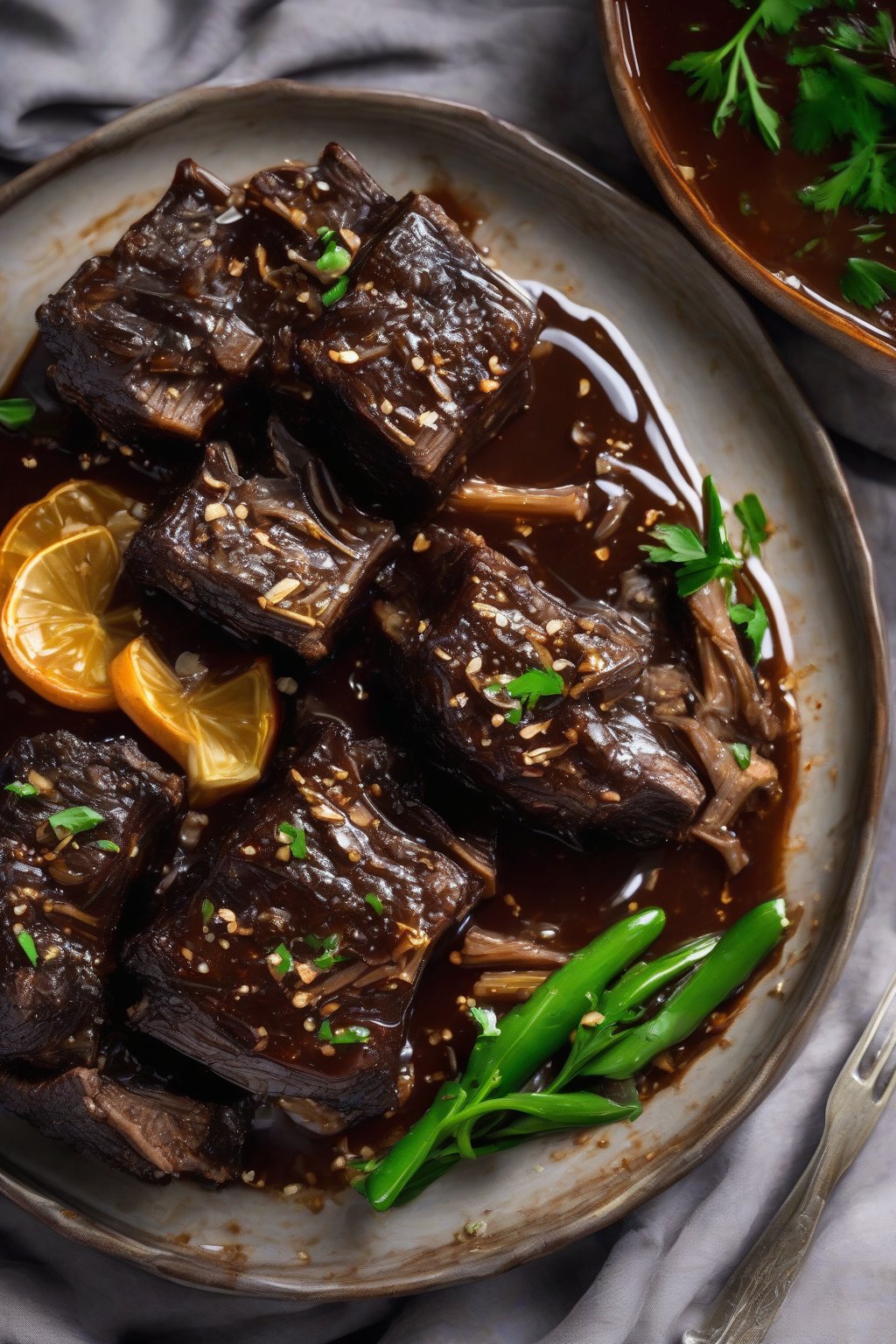 A high-resolution photo of slow cooker Coca-Cola short ribs, fall-apart tender in a glossy cola glaze with ginger slices, under soft lighting.