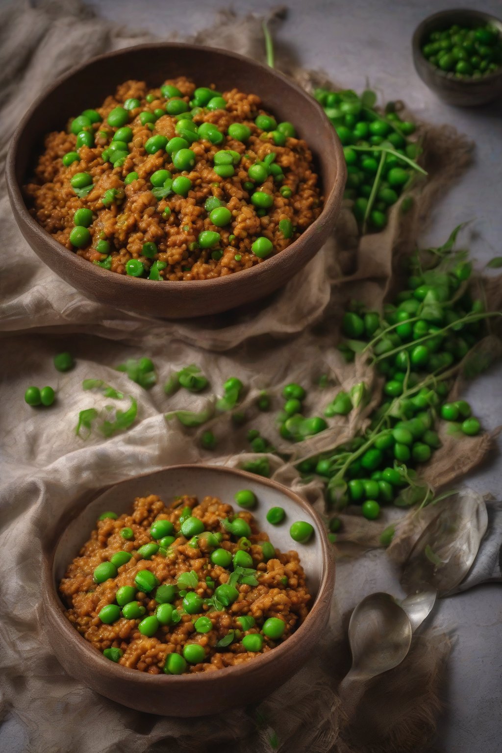 A close-up photo of textured soya keema with green peas in a rustic bowl, under soft lighting.