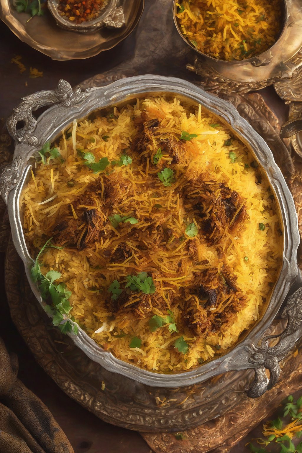 A close-up photo of layered soya biryani with saffron streaks and herbs, sliced open, under soft lighting.