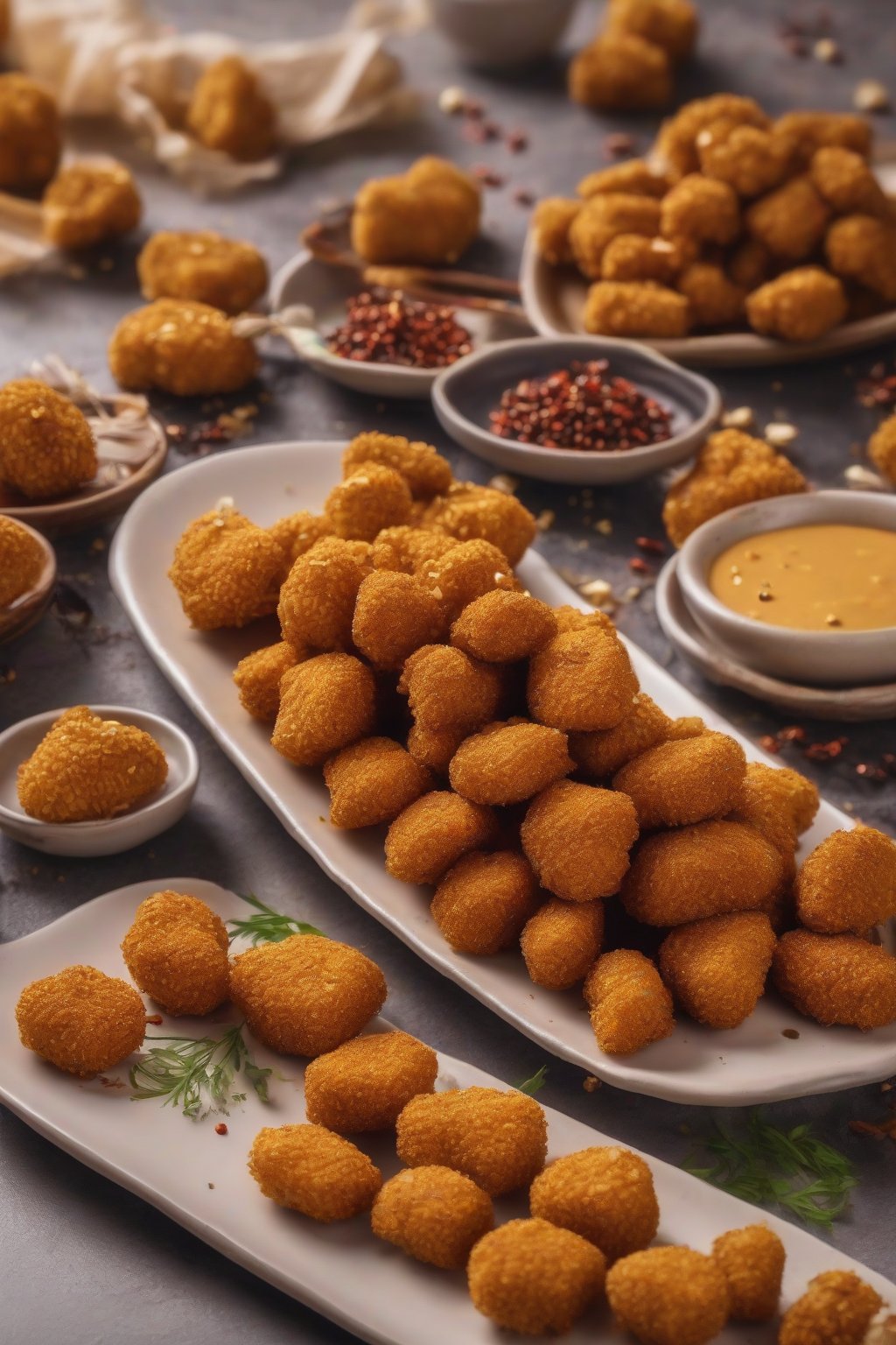 A close-up photo of golden crispy soya nuggets with spice coating, on a plate, under soft lighting.