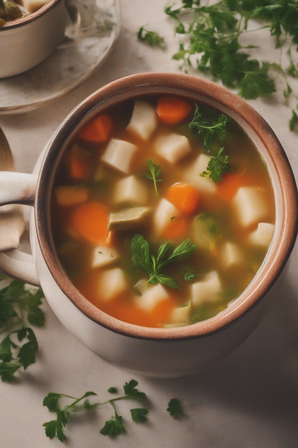 A close-up photo of chunky soya vegetable soup with herbs floating, in a mug, under soft lighting.