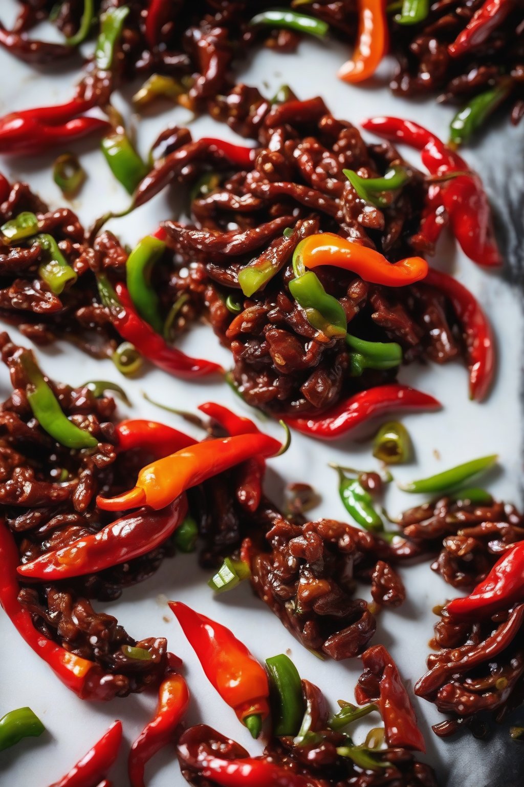 A close-up photo of stir-fried soya chili dry with vibrant peppers, glossy finish, under soft lighting.