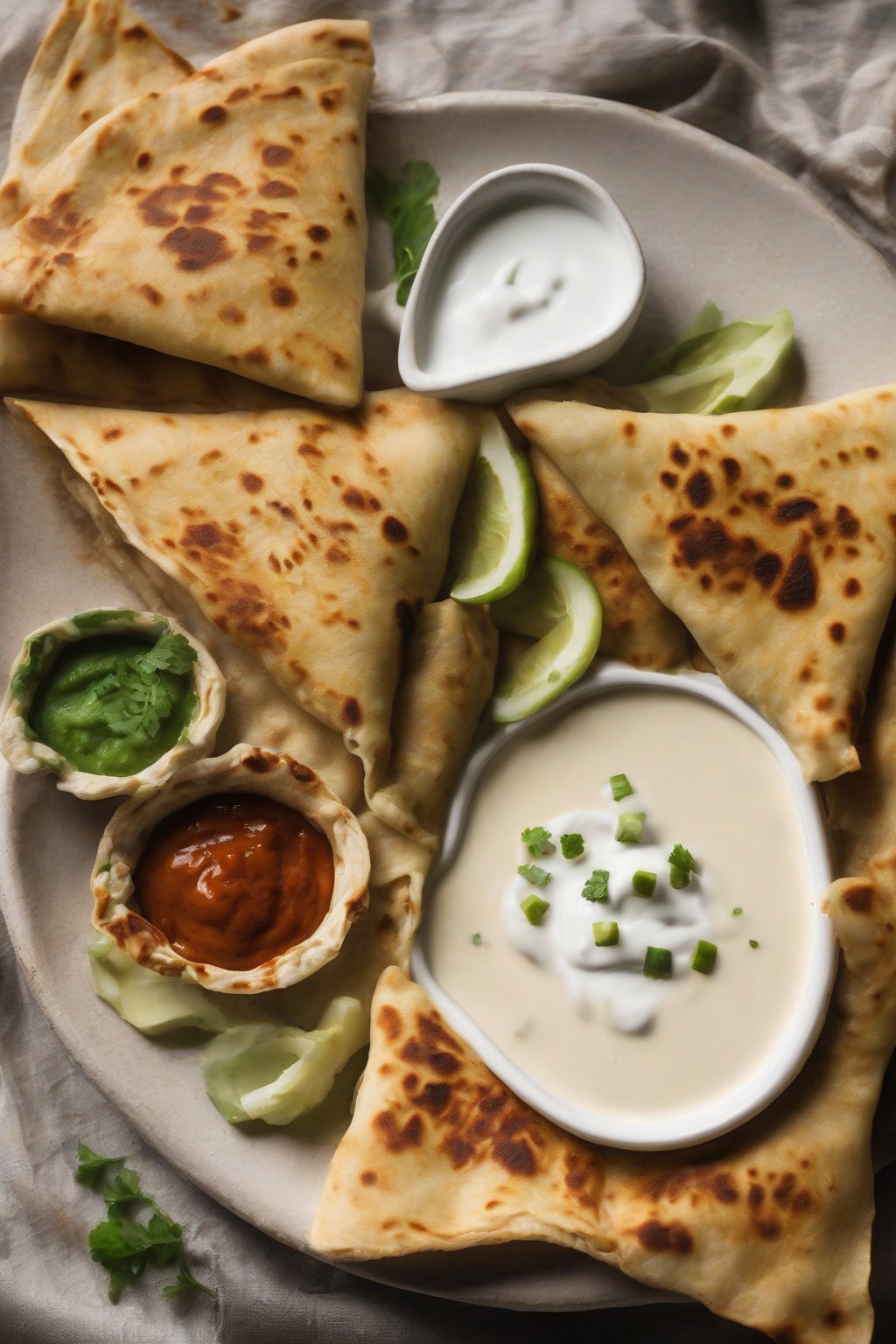 A close-up photo of flaky soya-stuffed paratha cut open revealing filling, with yogurt dip, under soft lighting.