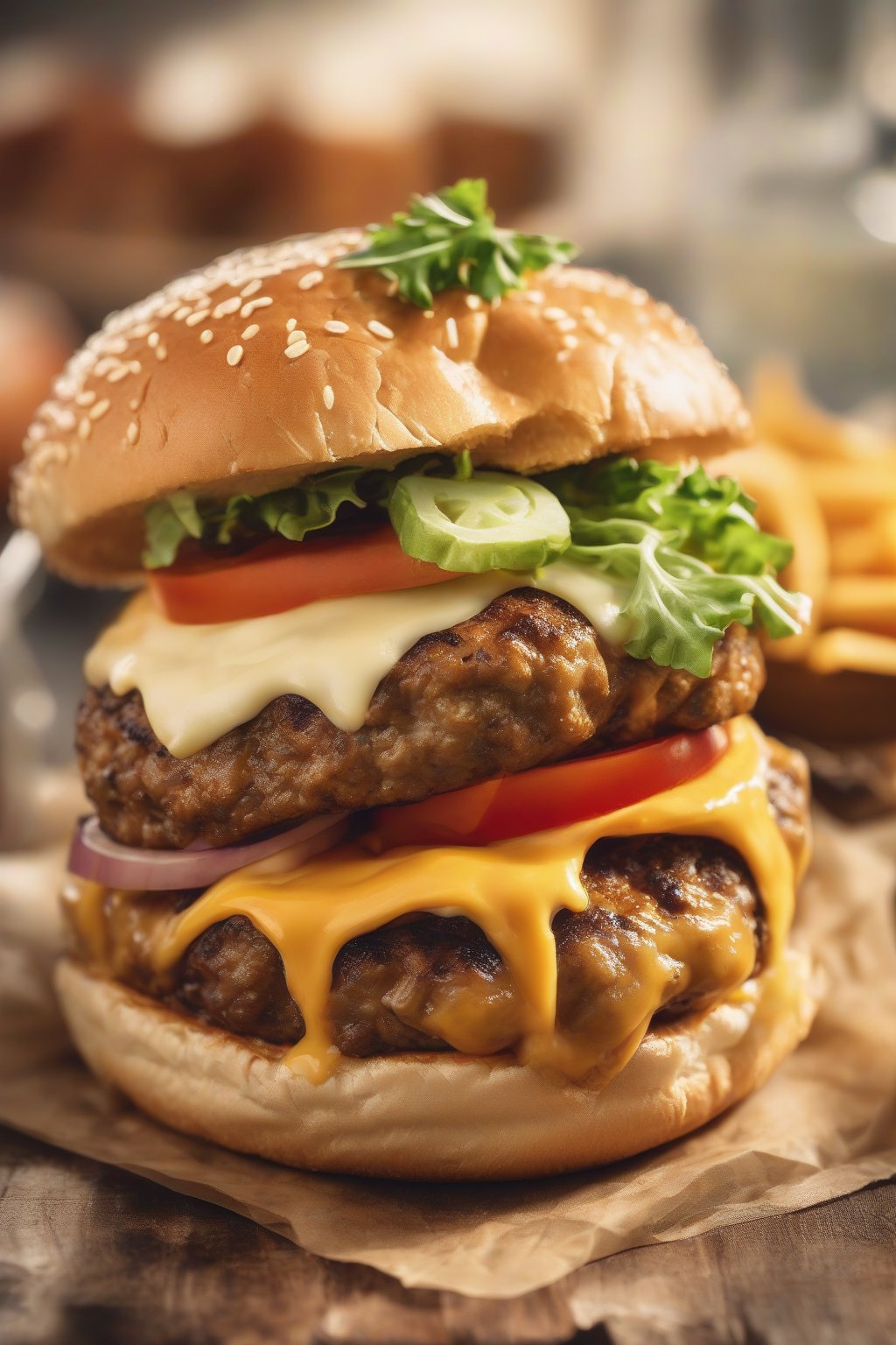 A close-up photo of juicy soya burger patty on a bun with cheese melt, under soft lighting.