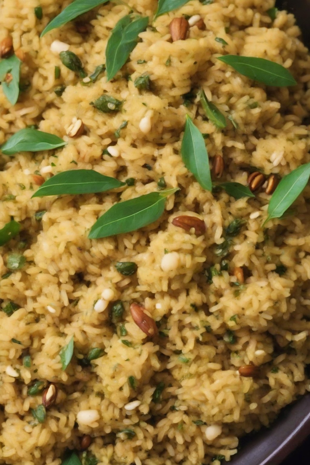 A close-up photo of fluffy soya upma tempered with curry leaves and nuts, under soft lighting.