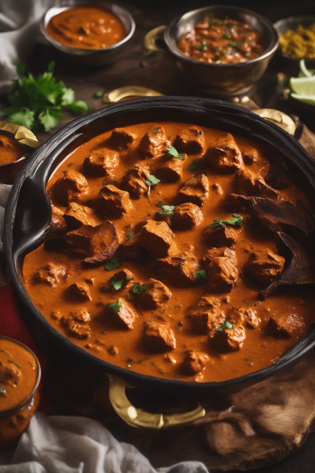 A close-up photo of soya tikka masala with charred chunks in rich gravy, under soft lighting.