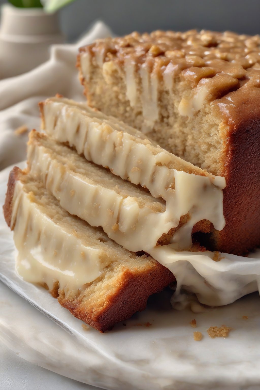 A high-resolution photo of a sliced classic tender banana cake revealing its moist crumb, topped with a light glaze, under soft lighting.