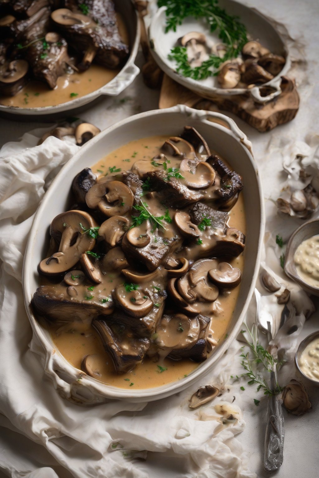 A high-resolution photo of mushroom Marsala short ribs, smothered in creamy sauce with whole mushrooms, under soft lighting.