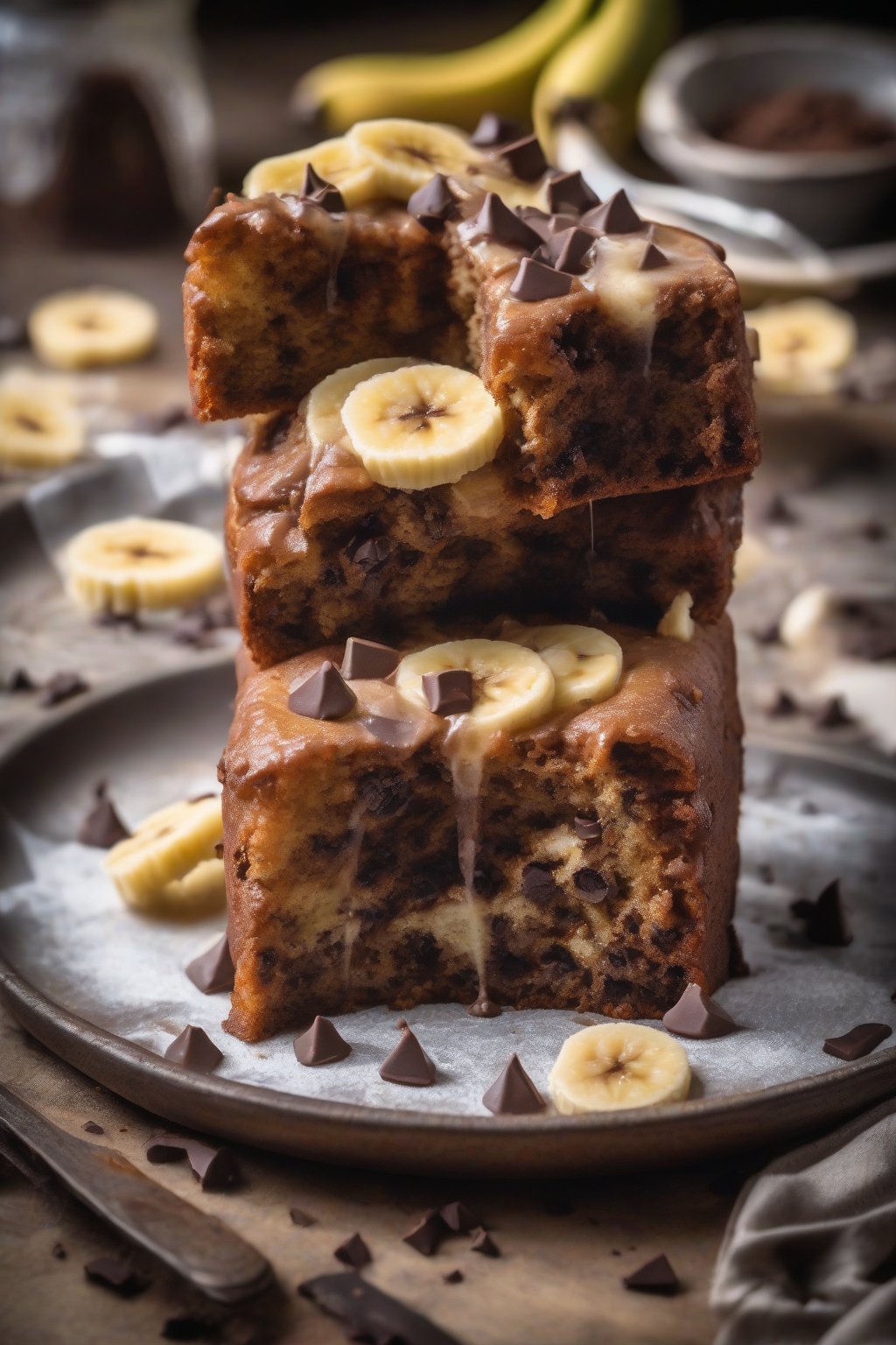 A high-resolution photo of chocolate chip banana cake with gooey chips oozing out, served on a rustic plate, under soft lighting.