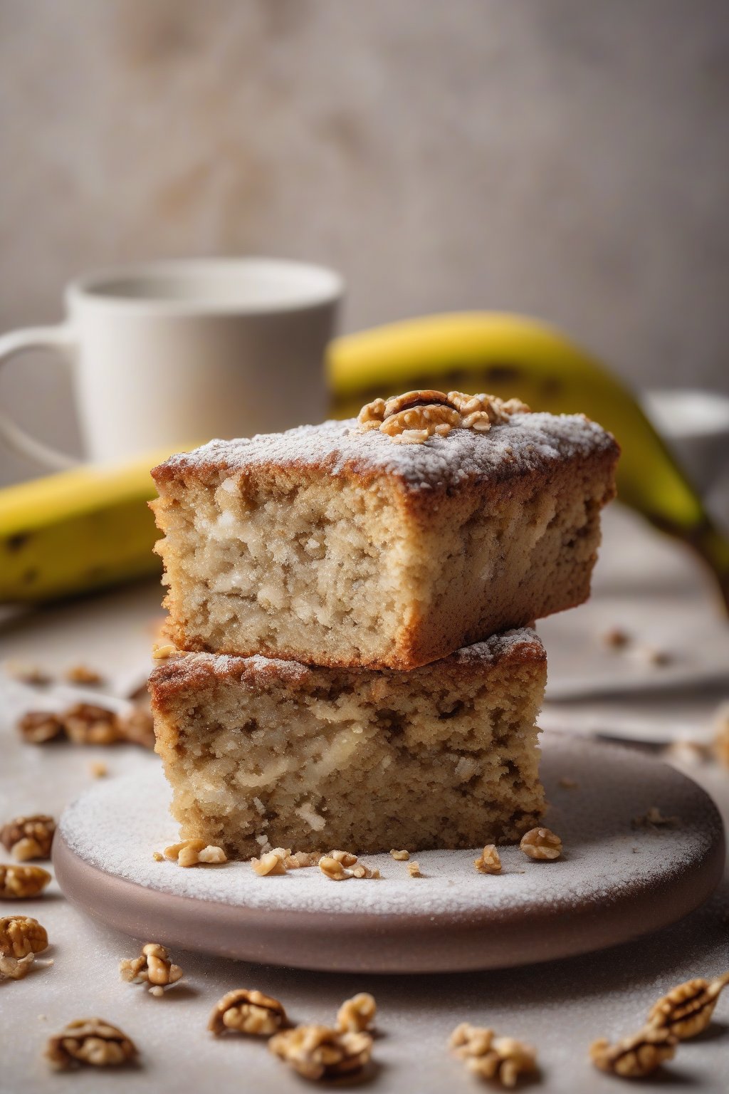 A high-resolution photo of banana walnut cake with golden crust and walnut flecks, dusted with powdered sugar, under soft lighting.
