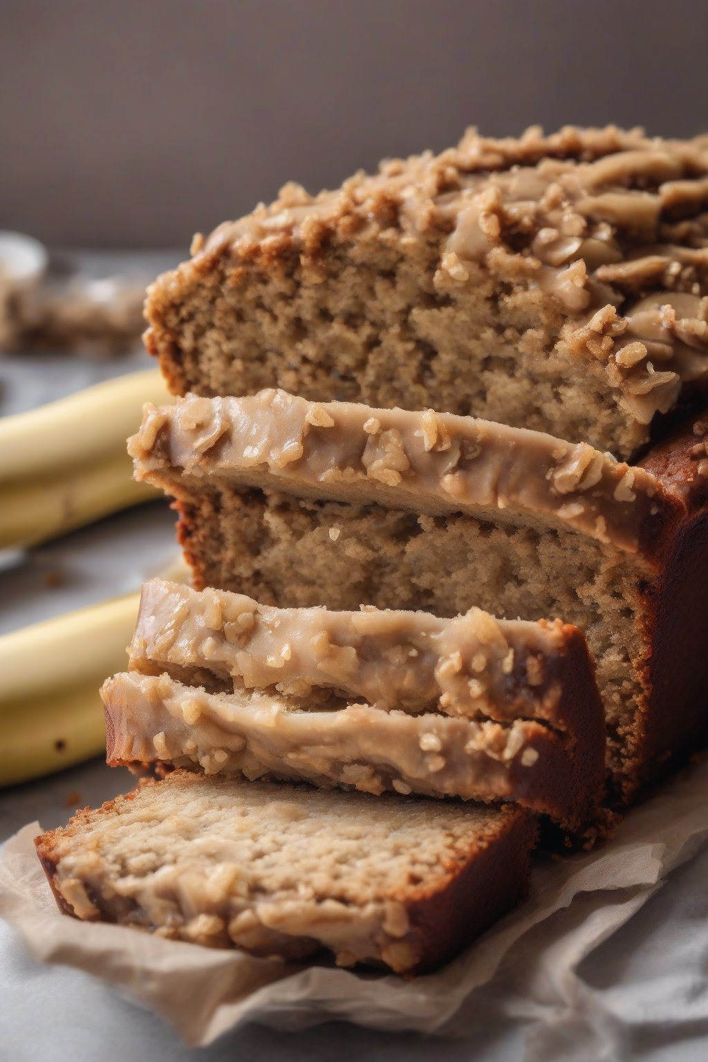 A high-resolution photo of a vegan banana cake loaf sliced open, showing fluffy texture, under soft lighting.