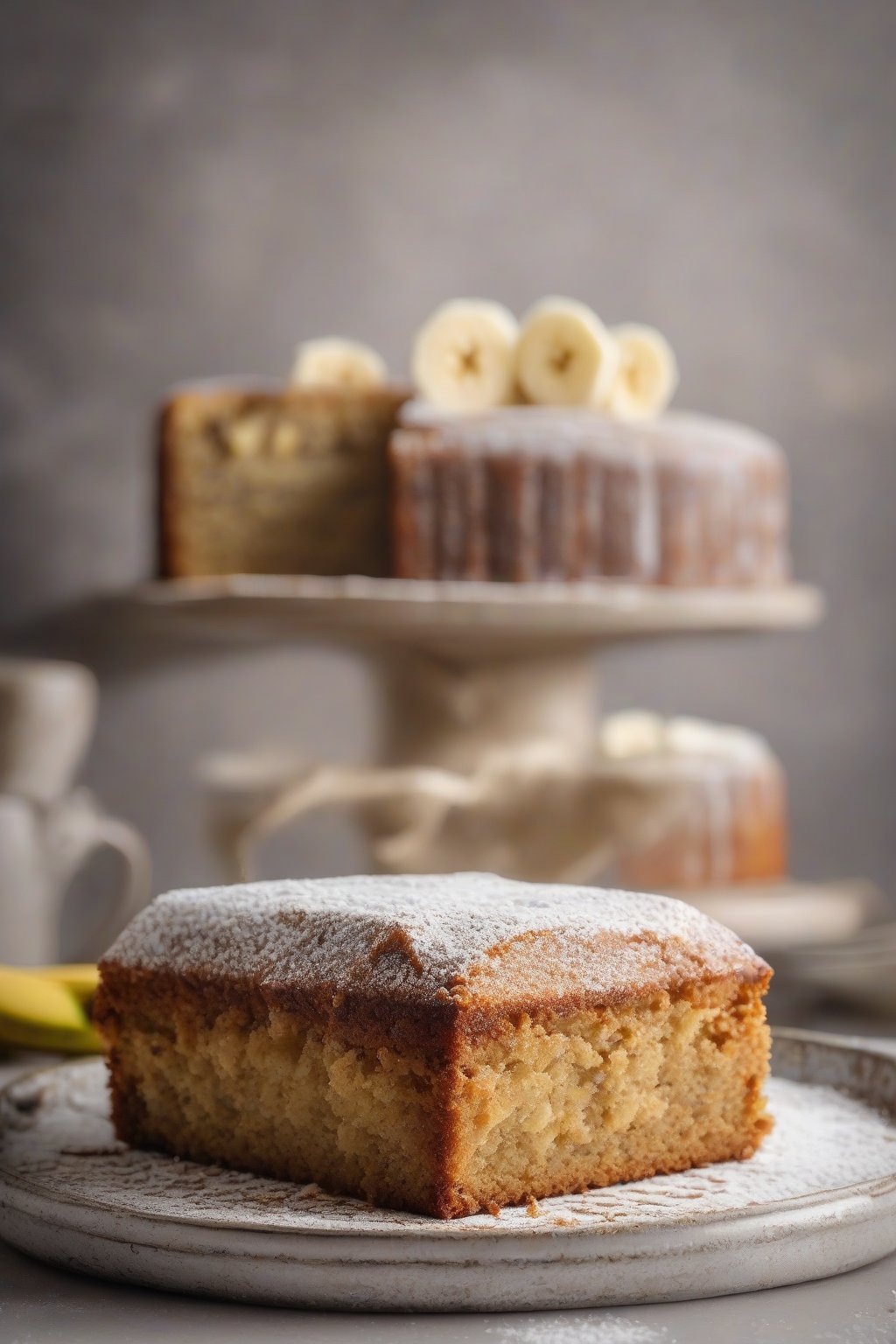 A high-resolution photo of gluten-free banana cake with a powdered sugar top, interior moist and golden, under soft lighting.