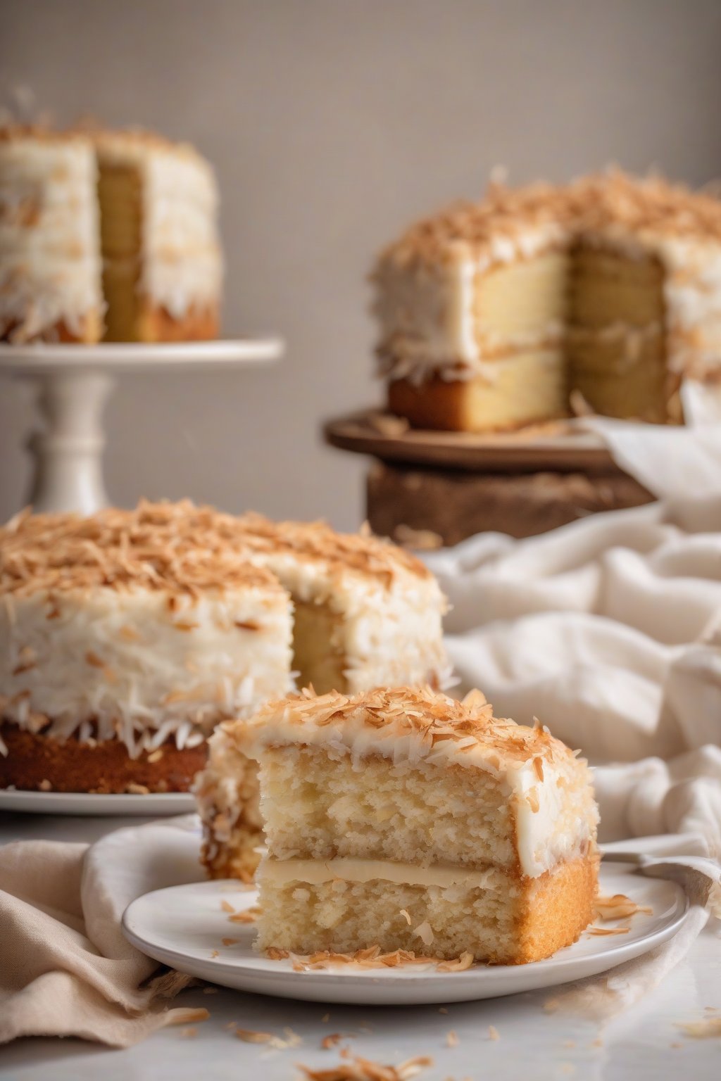 A high-resolution photo of coconut banana cake layers with toasted coconut topping, under soft lighting.