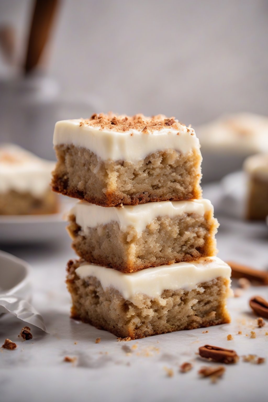 A high-resolution photo of spiced banana cake squares with cream cheese frosting swirl, under soft lighting.