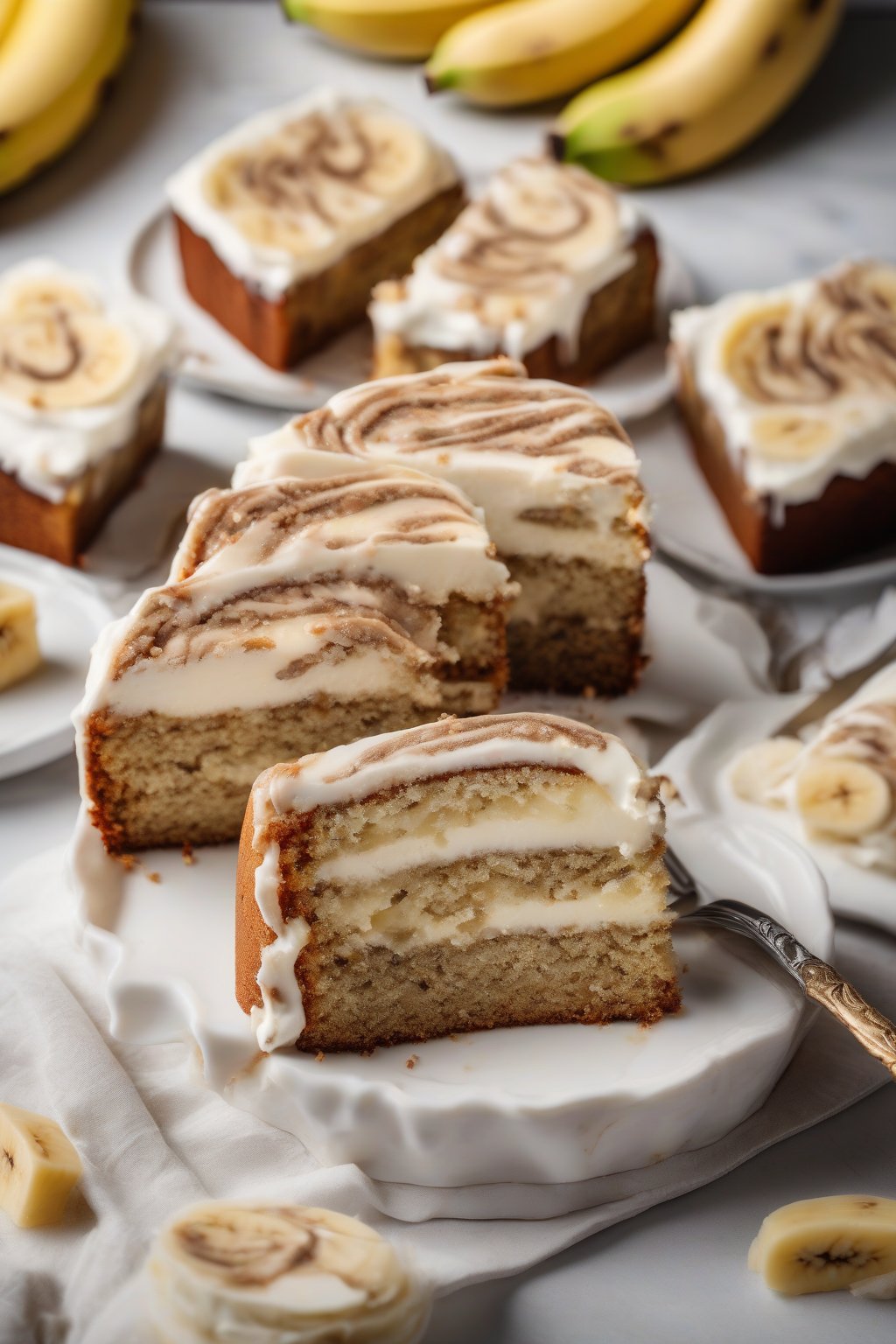 A high-resolution photo of banana cake with cream cheese swirl exposed in a slice, glossy finish, under soft lighting.