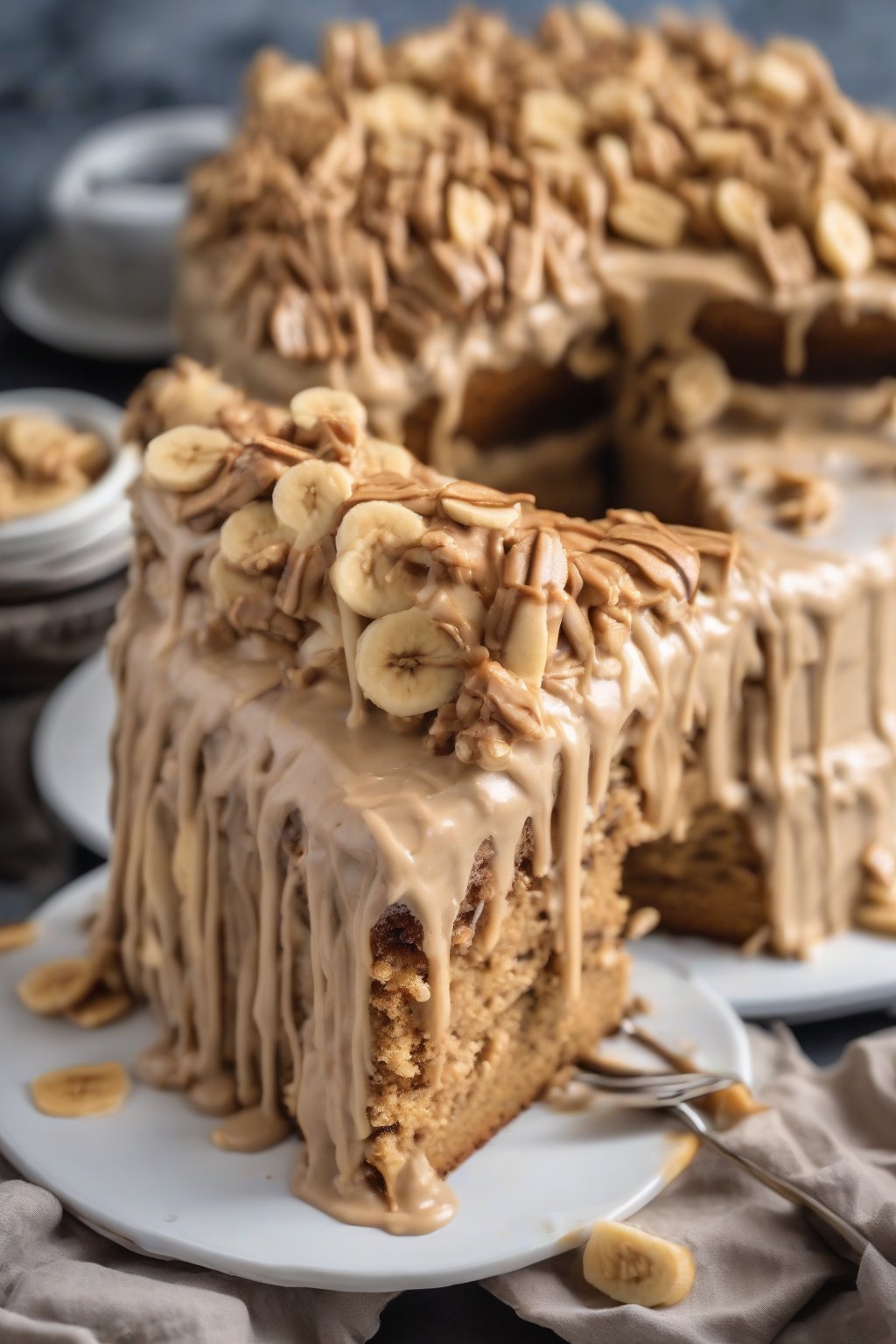 A high-resolution photo of peanut butter banana cake with melty chips and PB drizzle, under soft lighting.