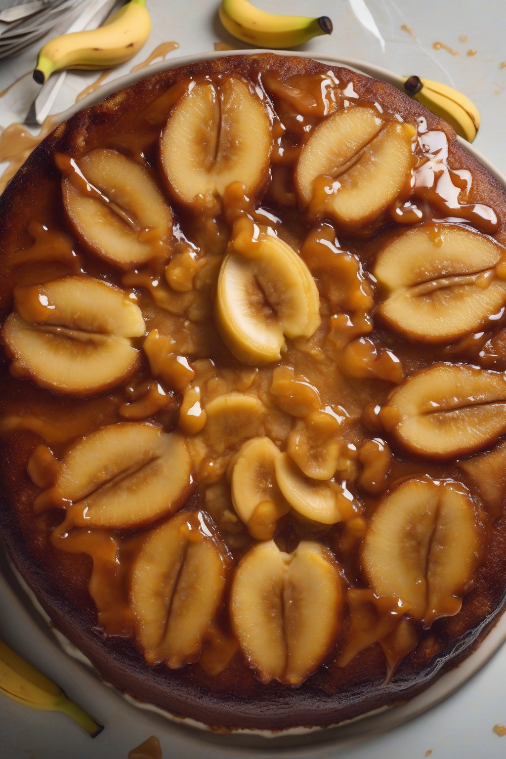A high-resolution photo of upside-down banana cake with glistening caramel bananas on top, under soft lighting.