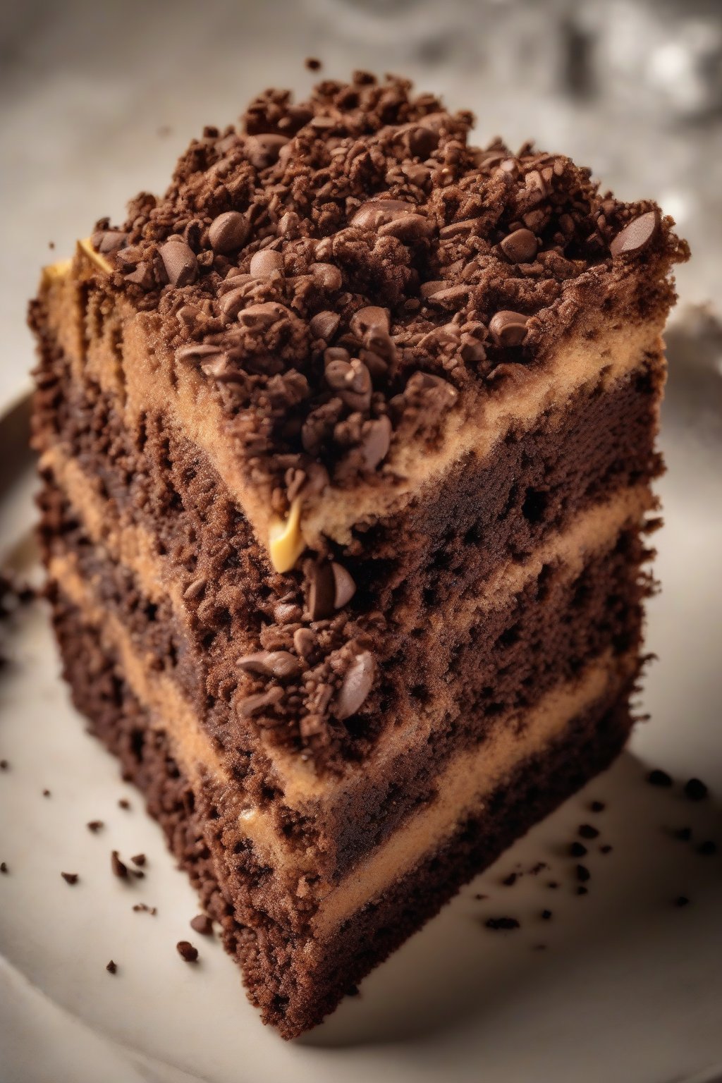 A high-resolution photo of mocha banana cake slice showing rich chocolate crumb, coffee dust garnish, under soft lighting.