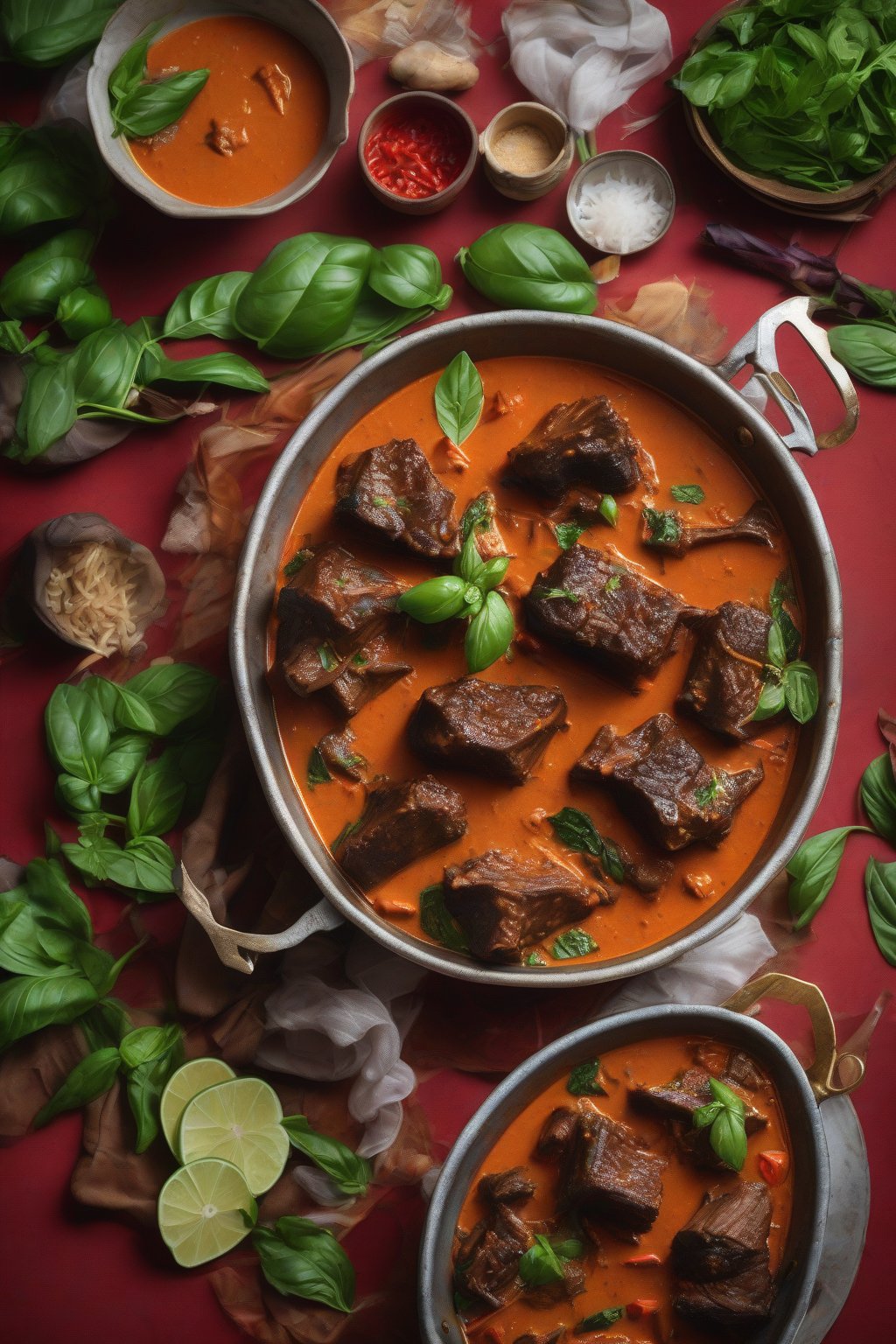 A high-resolution photo of Thai red curry short ribs, swimming in vibrant red coconut curry with basil leaves, under soft lighting.